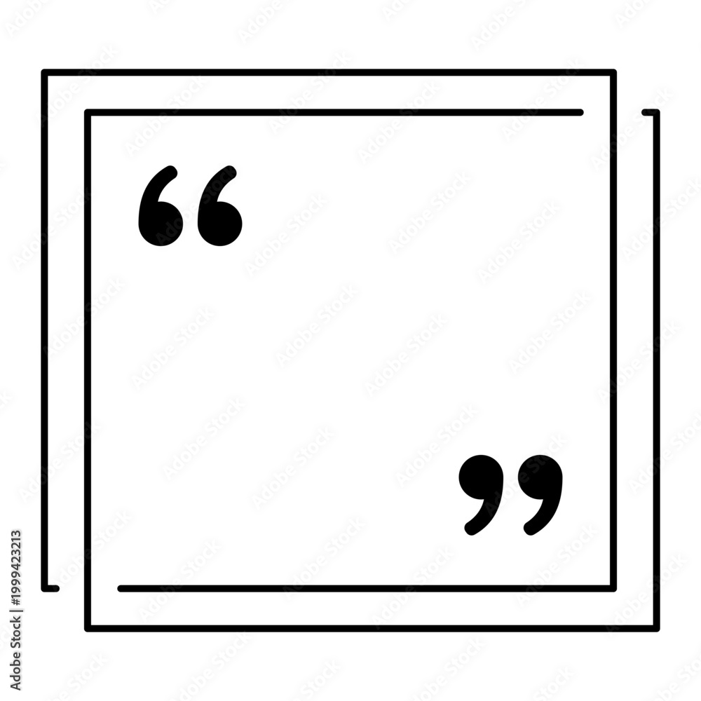 Obraz premium Double square quote frame icon with filled marks. Minimalist template for testimonials, messages, and direct speech. Vector illustration.