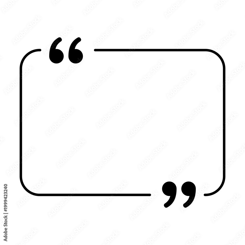 Obraz premium Rectangular quote frame icon with rounded corners and filled marks. Minimalist template for testimonials, messages, and direct speech. Vector illustration.