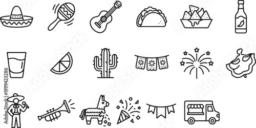 Cinco de Mayo Mexican icon set vector with sombrero maracas guitar taco nachos tequila festive outline symbols collection design