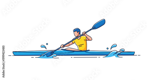 Professional kayaker paddling on water, clean flat vector sports illustration