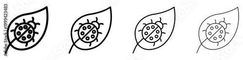 Set of ladybug on a leaf icons. Graphic elements with different line weights, symbolizing nature, insects, and ecological balance. Vector illustration.