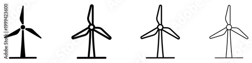 Set of wind turbine icons. Graphic elements with different line weights, symbol of renewable wind energy. Vector illustration.