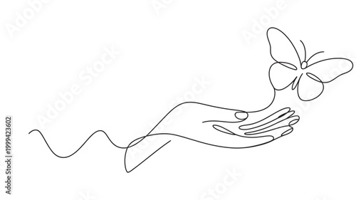 Single line drawing of a hand with an open palm and a butterfly flying away from it butterfly delicate