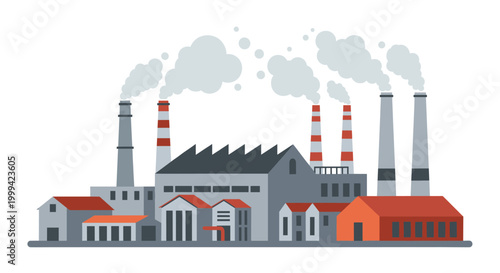 Factory complex with smokestacks, flat vector industrial pollution illustration