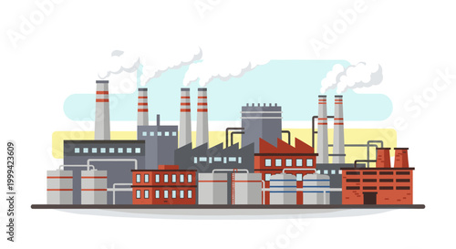 Factory complex with smokestacks, flat vector industrial pollution illustration