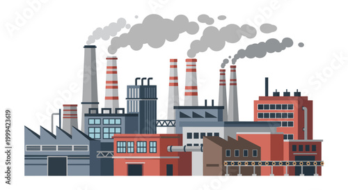 Factory complex with smokestacks, flat vector industrial pollution illustration