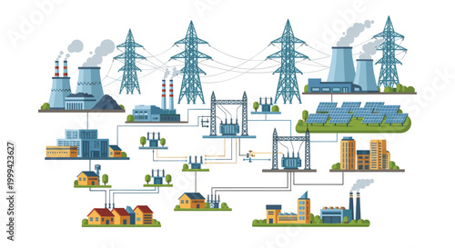 Electricity power grid with solar panels and transmission towers, flat vector energy illustration