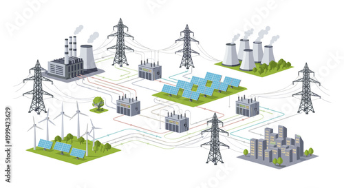 Electricity power grid with solar panels and transmission towers, flat vector energy illustration