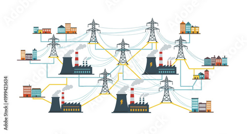 Electricity power grid with solar panels and transmission towers, flat vector energy illustration