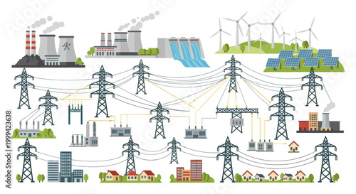 Electricity power grid with solar panels and transmission towers, flat vector energy illustration