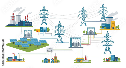 Electricity power grid with solar panels and transmission towers, flat vector energy illustration