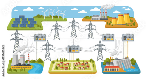 Electricity power grid with solar panels and transmission towers, flat vector energy illustration