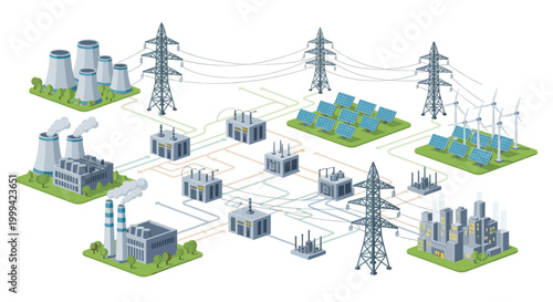 Electricity power grid with solar panels and transmission towers, flat vector energy illustration