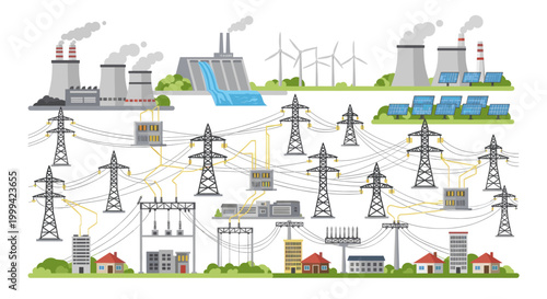 Electricity power grid with solar panels and transmission towers, flat vector energy illustration