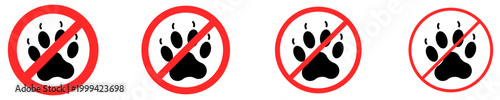 Set of dog prohibition signs. Graphic elements with different line weights featuring paw prints. Vector illustration.