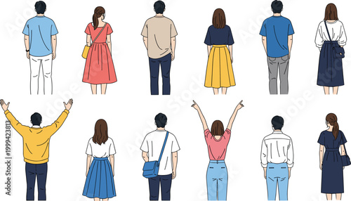 Back View Character Vector Illustration Set Featuring Diverse People in Casual Clothing Poses for Lifestyle, Fashion, and Casual Design.