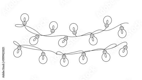 Set of two rows of hand-drawn light bulbs on a string with illustration decoration minimalist incandescent