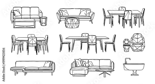 collection of architectural furniture drawings and interior design elements vector illustration