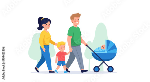 Happy family walking with baby stroller, cute flat vector illustration