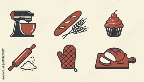 Minimalist bakery icon set with kitchen tools and artisanal bread for culinary branding