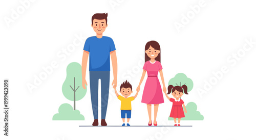 Happy family walking with baby stroller, cute flat vector illustration