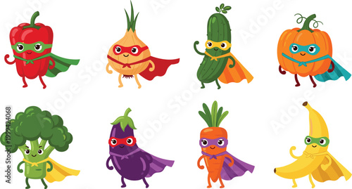 Superhero Vegetables and Fruits Vector Illustration Set Featuring Heroic Carrot, Broccoli, Cucumber, Pepper, Pumpkin, Banana, and More for Fun Kids Design.