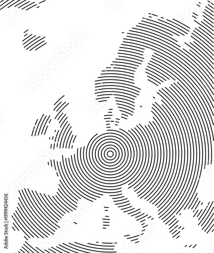 Map of Europe showing the area with concentric circles like a shooting target