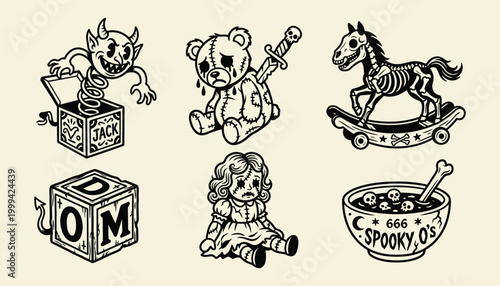 Vintage Spooky Toy Illustrations in Rubber Hose Style for Halloween Design and Apparel