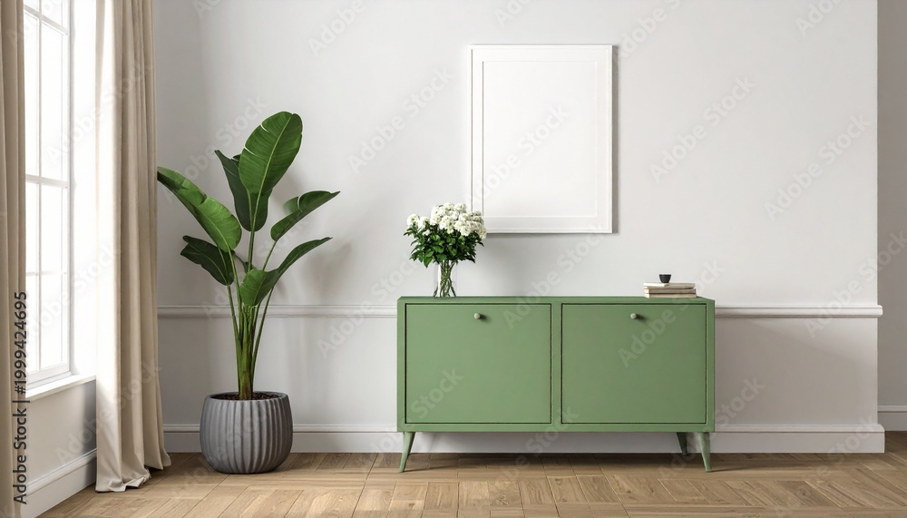 Fototapeta premium Minimalist Living Room with Green Sideboard and Vase