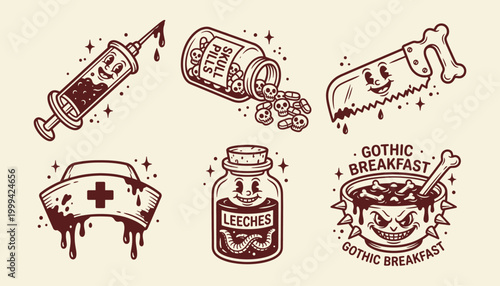 Vintage rubber hose gothic horror sticker set for halloween and alternative streetwear graphics