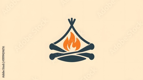 Minimal camping logo with campfire tent icon outdoor adventure symbol, copy space