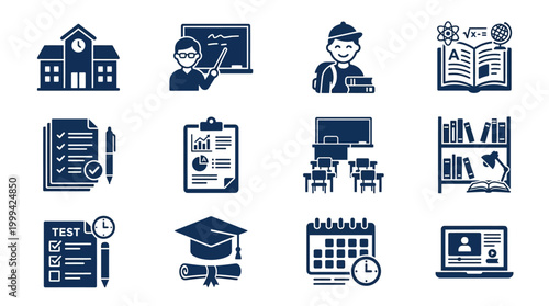 Set of academic education icons featuring school supplies and learning symbols.