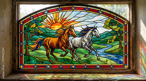Stained glass window depicting running horses in a colorful landscape