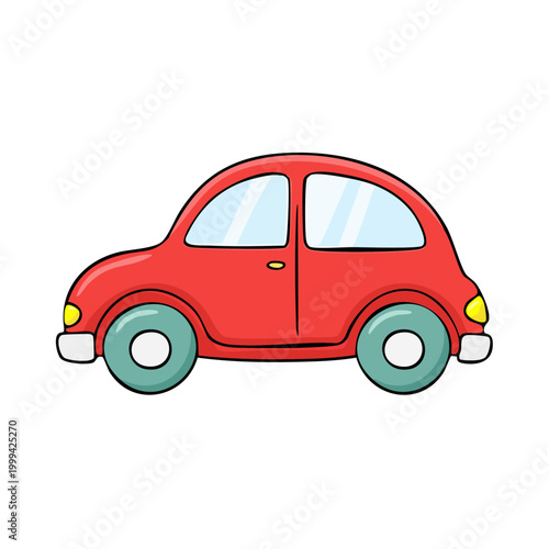 Charming Cartoon Red Compact Car with Light Blue Wheels and Tinted Windows Side View