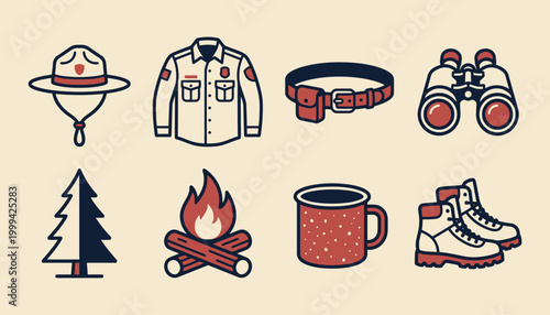 Park ranger gear and camping equipment flat vector icons for nature conservation and adventure
