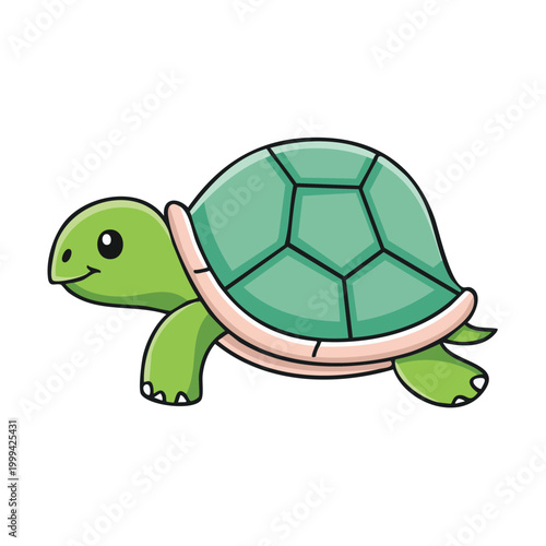 Cute cartoon green turtle with a turquoise shell walking slowly and happily