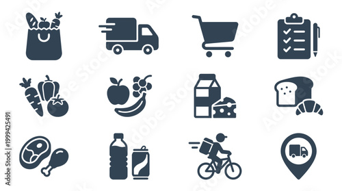 Grocery shopping delivery and food icons.