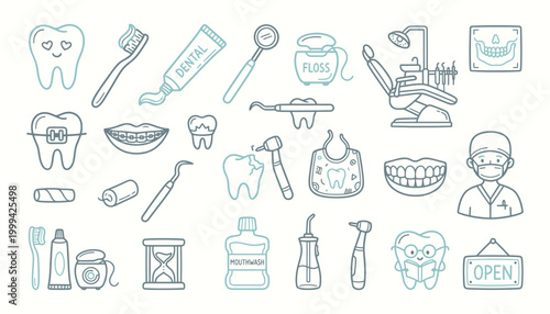 Dental hygiene icon set featuring professional dentistry tools and oral healthcare concepts