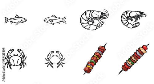 Collection of seafood and barbecue skewer icons for menus and culinary designs.