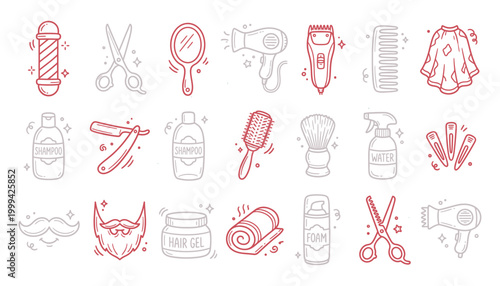 Hand drawn barber shop icons and grooming tools for professional hair salon branding