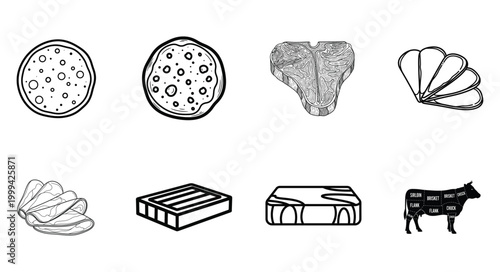 Pizza pepperoni and t-bone steak, slices of salami and loaf of bread, beef cuts diagram, butchery product collection.