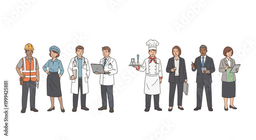 Diverse group of professional workers standing together against a clean white background, showcasing a variety of occupations from construction to medicine and culinary arts, with a focus
