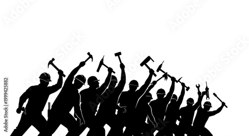 Silhouette illustration showing a group of workers raising hammers in a unified gesture against a clean white background, conveying a sense of solidarity and strength, with a monochromatic