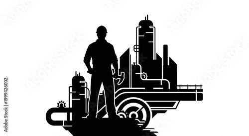 Silhouette illustration depicting a worker standing confidently in front of an industrial plant, rendered in a clean black and white style, symbolizing safety and health at work