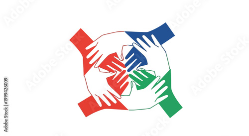 Stylized graphic of diverse hands in red, blue, green, and white forming a collaborative circle against a clean white background, conveying unity and cooperation in a simple