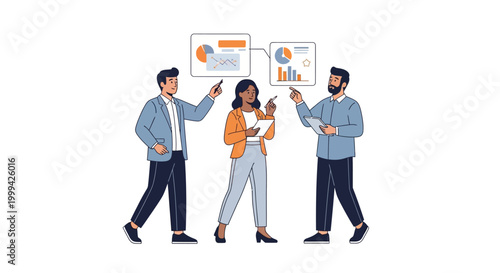 Three diverse business colleagues analyzing data charts and graphs during a collaborative meeting, presented in a clean, minimalist vector illustration against a stark white background