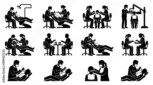 Medical Dentistry Glyph Icons: Dentist, Patient  Assistant in Dental Care Procedures Silhouette Set.