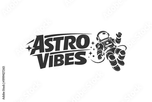 Retro illustration of an astronaut in space with Astro Vibes text, suitable for t-shirts and posters