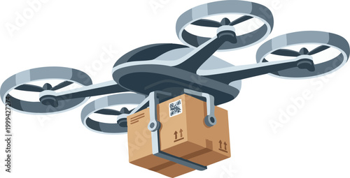 Drone delivering cardboard parcel box with QR code for smart logistics