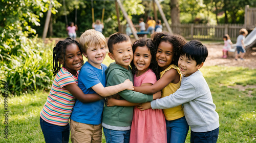 Diverse children hugging, smiling in playground